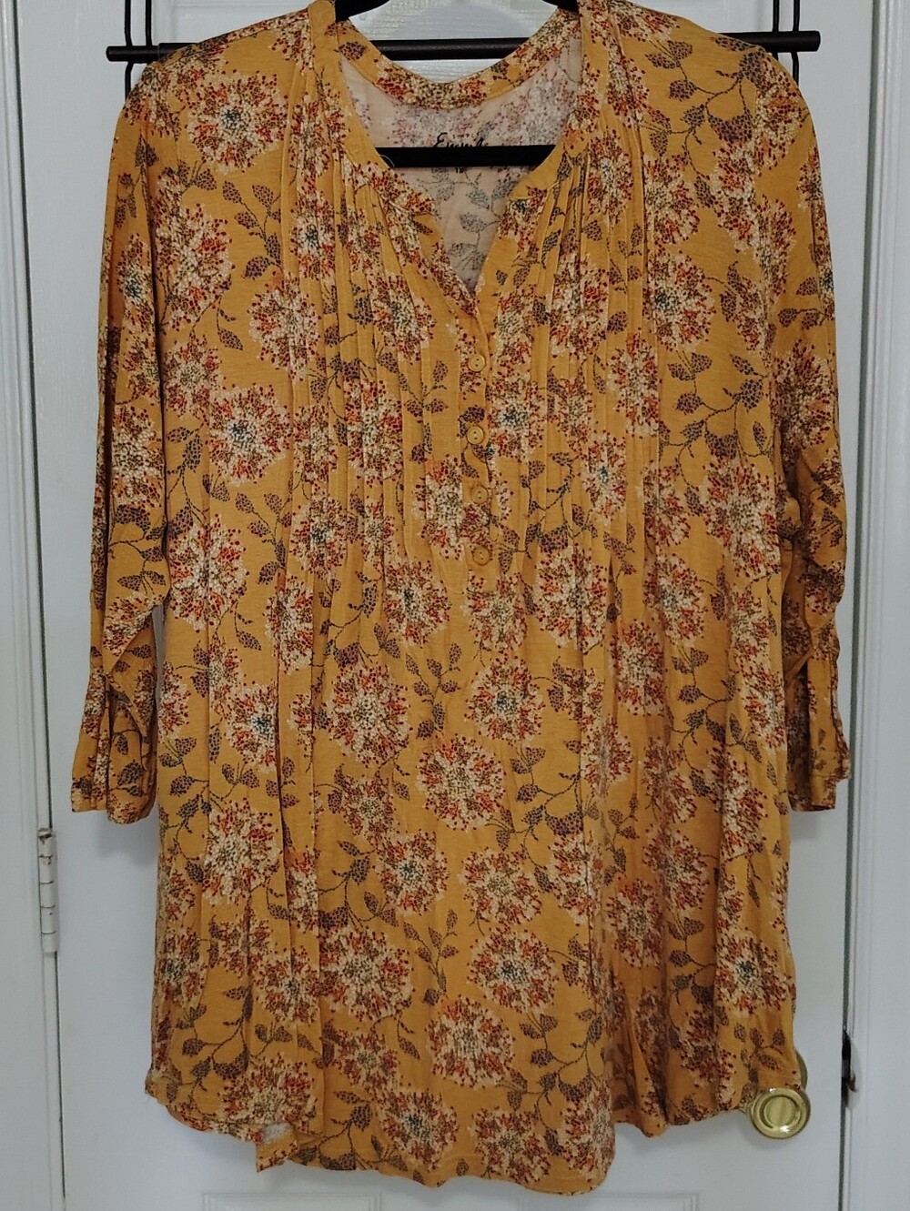 Mustard Floral Pleated V-Neck Women's Tunic Top